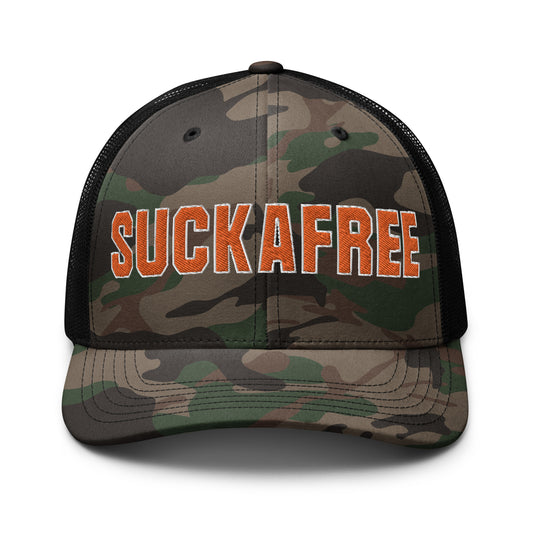 SUCKAFREE Camo Black Trucker Hat orange x white letters