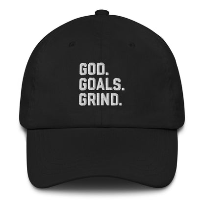 God Goals Grind Dad Hat white letters