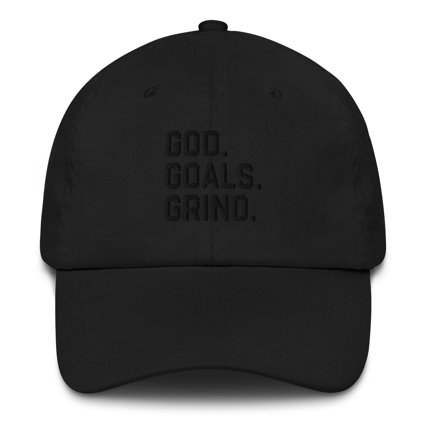 God Goals Grind Dad Hat black letters