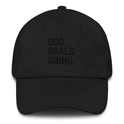 God Goals Grind Dad Hat black letters