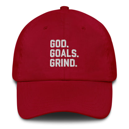 God Goals Grind Dad Hat white letters