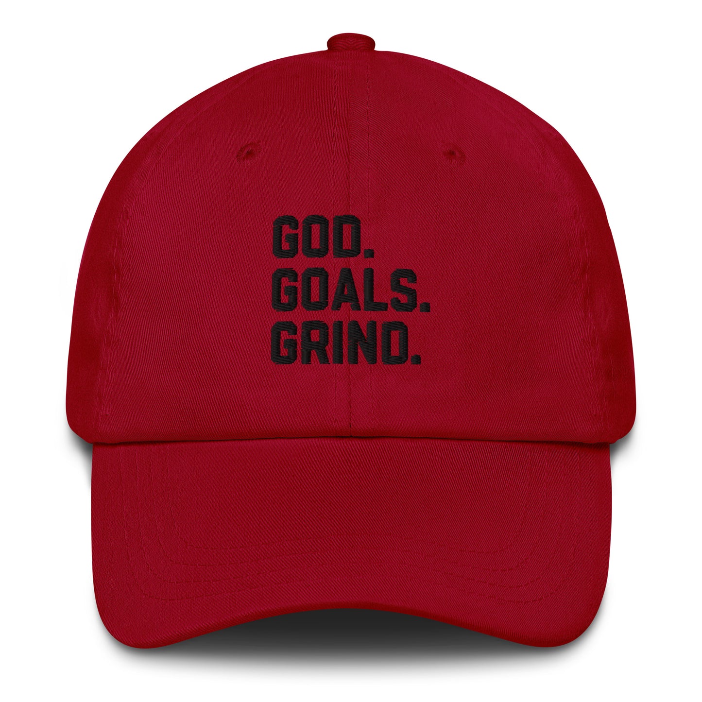 God Goals Grind Dad Hat black letters