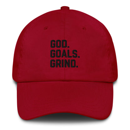 God Goals Grind Dad Hat black letters