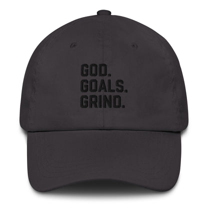 God Goals Grind Dad Hat black letters