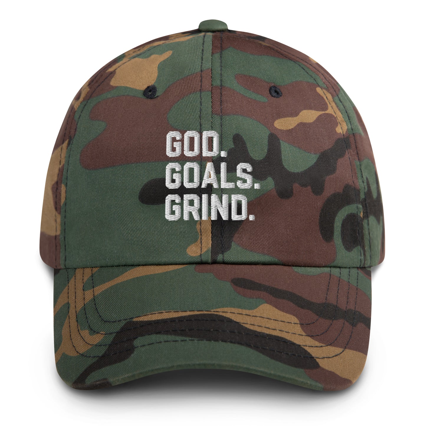 God Goals Grind Dad Hat white letters