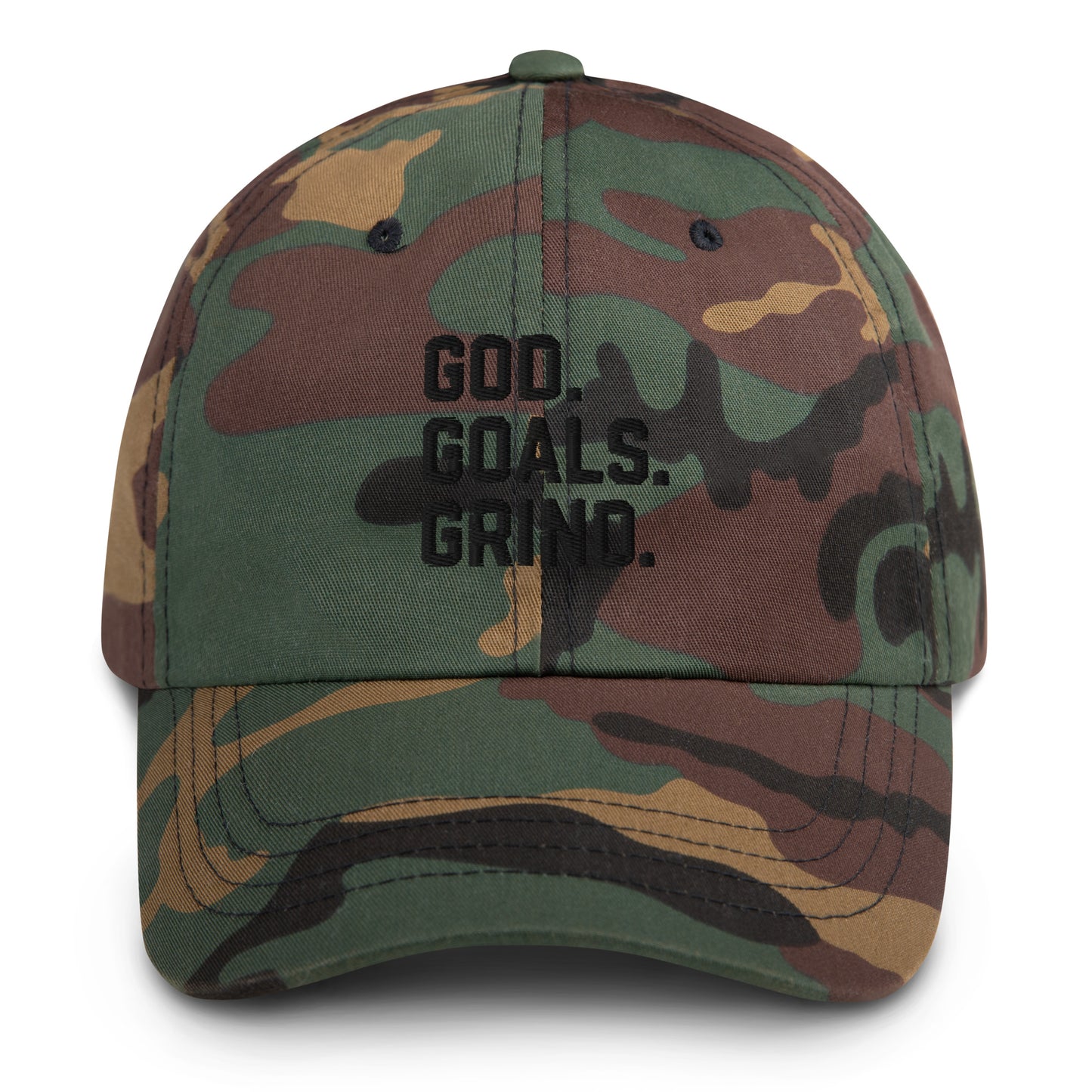 God Goals Grind Dad Hat black letters