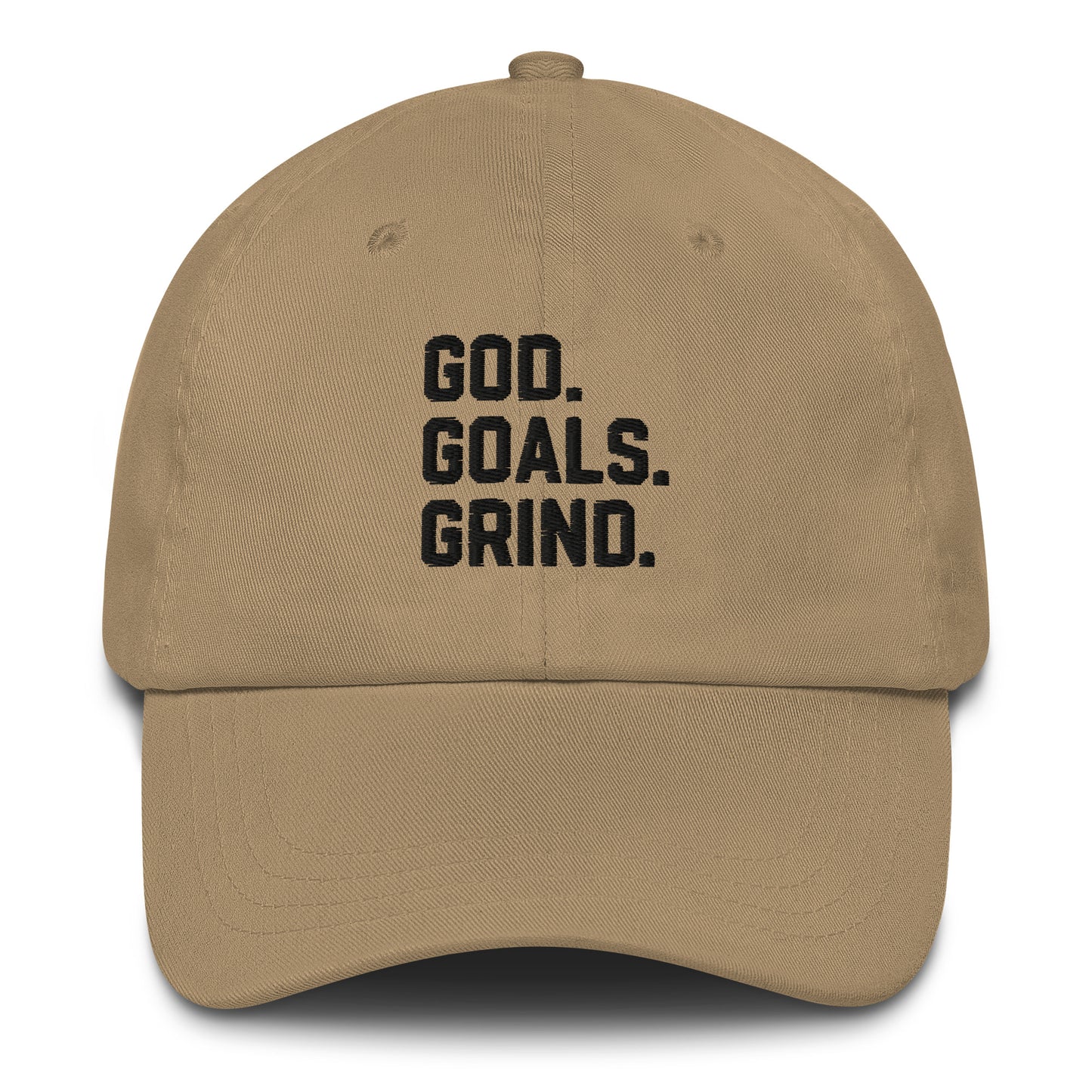 God Goals Grind Dad Hat black letters