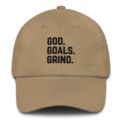 God Goals Grind Dad Hat black letters