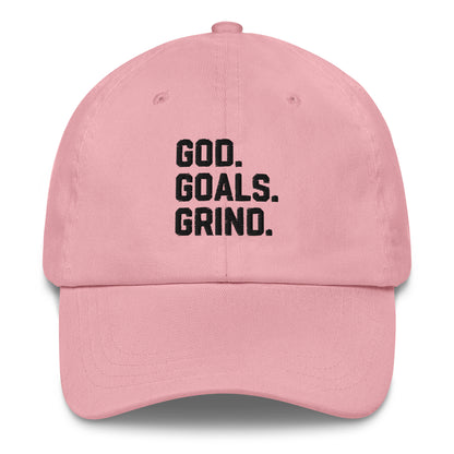 God Goals Grind Dad Hat black letters