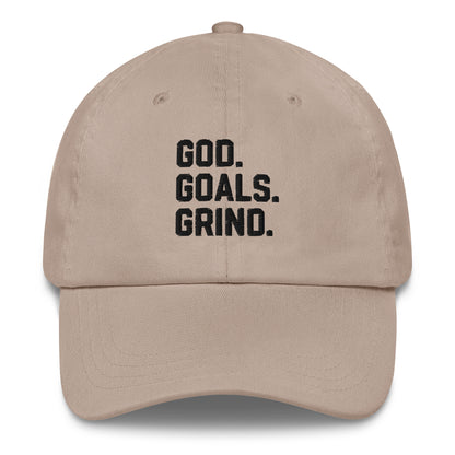 God Goals Grind Dad Hat black letters