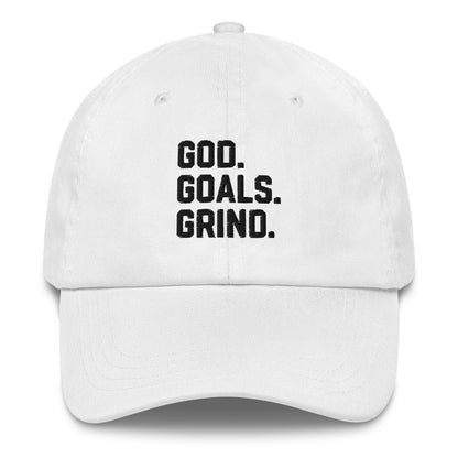 God Goals Grind Dad Hat black letters