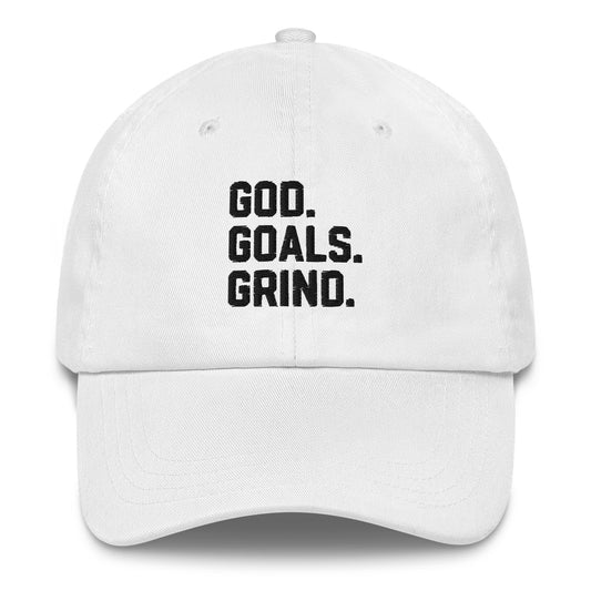 God Goals Grind Dad Hat black letters