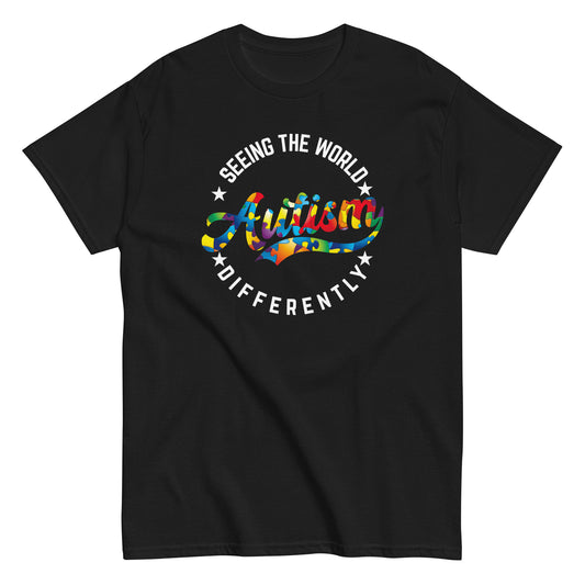 Autism Awareness Seeing The World Differently T-Shirt white letters