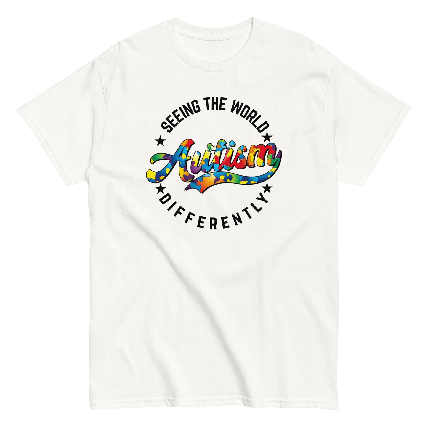 Autism Awareness Seeing The World Differently T-Shirt black letters