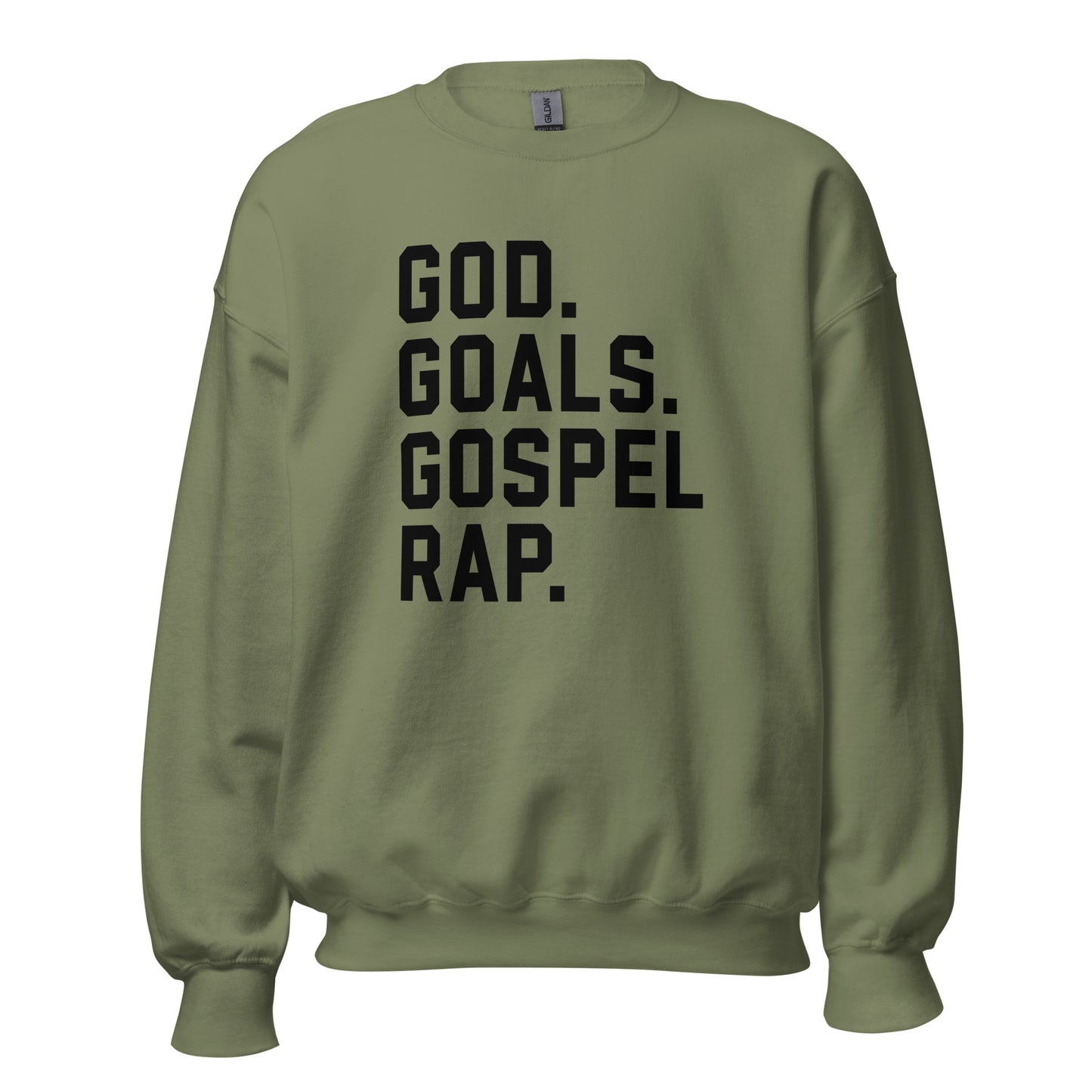 God. Goals. Gospel Rap. Crewneck Sweatshirt black letters