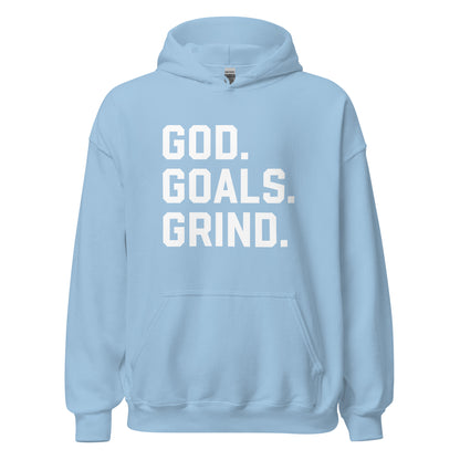 God Goals Grind Hoodie white letters