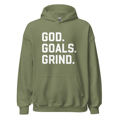 God Goals Grind Hoodie white letters