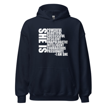 She Is Description Hoodie white letters