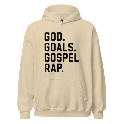 God. Goals. Gospel Rap. Hoodie black letters