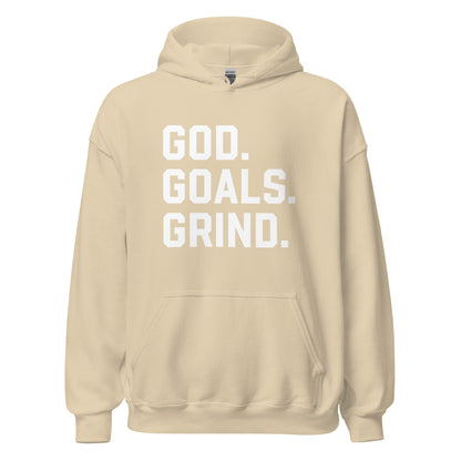 God Goals Grind Hoodie white letters