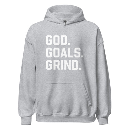 God Goals Grind Hoodie white letters